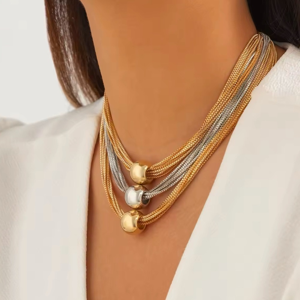 18K Gold & White Gold Two Tone Plated Chunky Thick Layered Big Beads Necklace - Picture 6 of 7
